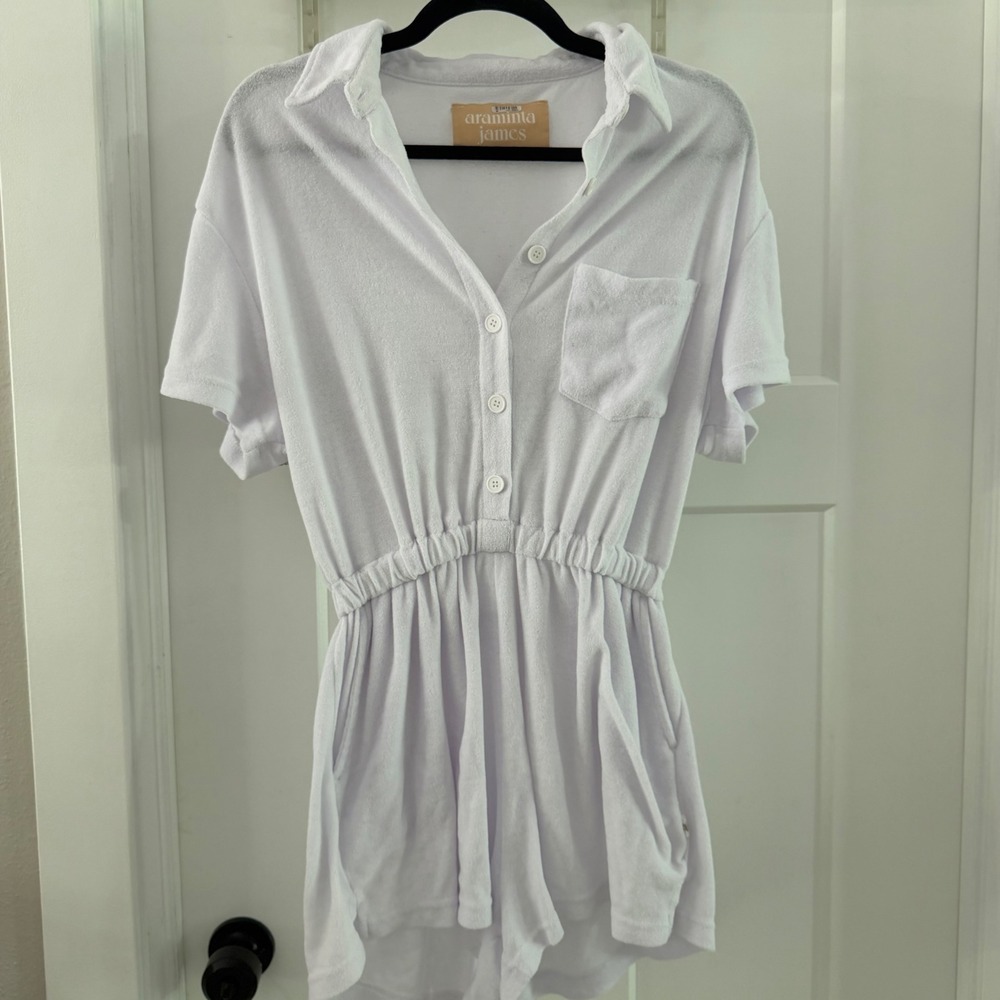 Araminta James Terry Cloth Romper Daisy White Womens M Short Sleeve Button Towel